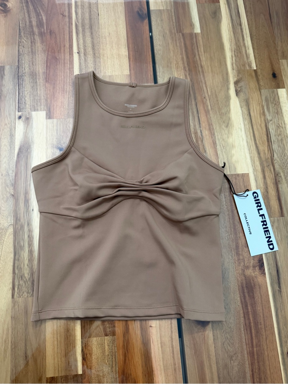 NWT Sz M Girlfriend Collective Quinn Twist Tank Cropped Top Taupe/Brown